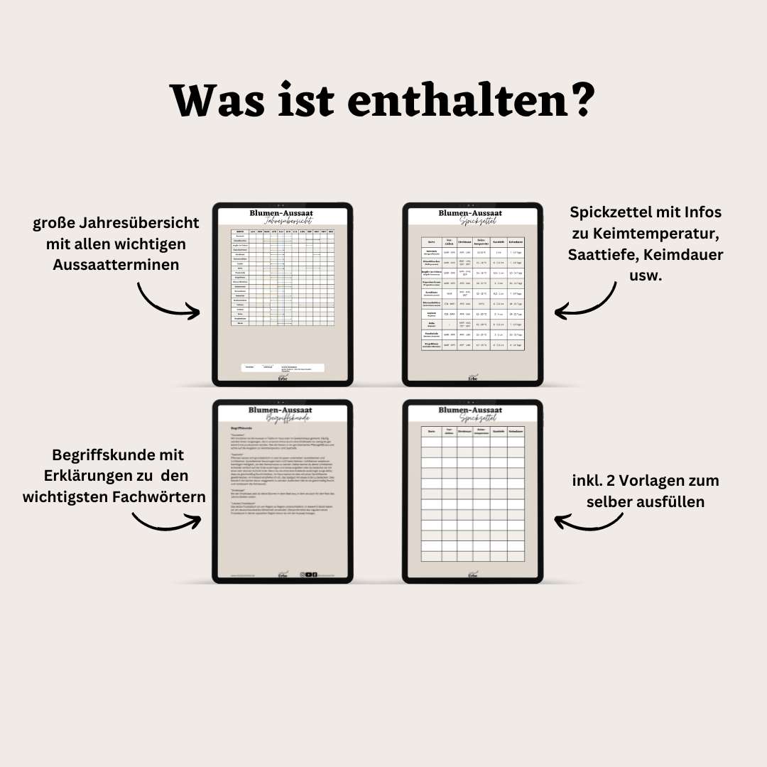 Aussaat-Spickzettel BLUMEN | Aussaat-Infos auf einen Blick + Vorlagen zum selber ausfüllen | PDF