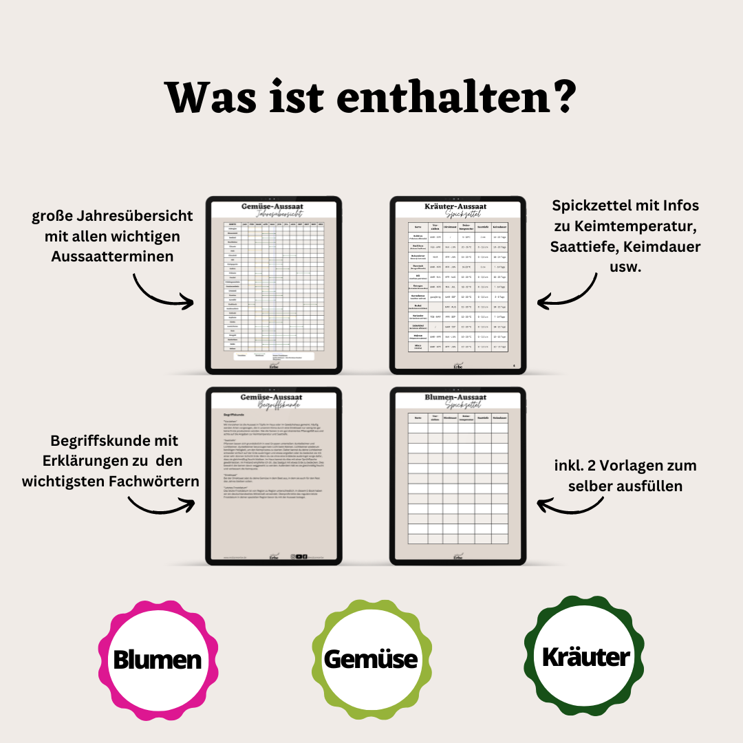 Aussaat-Spickzettel GEMÜSE, KRÄUTER, BLUMEN | Aussaat-Infos auf einen Blick + Vorlagen zum selber ausfüllen | PDF